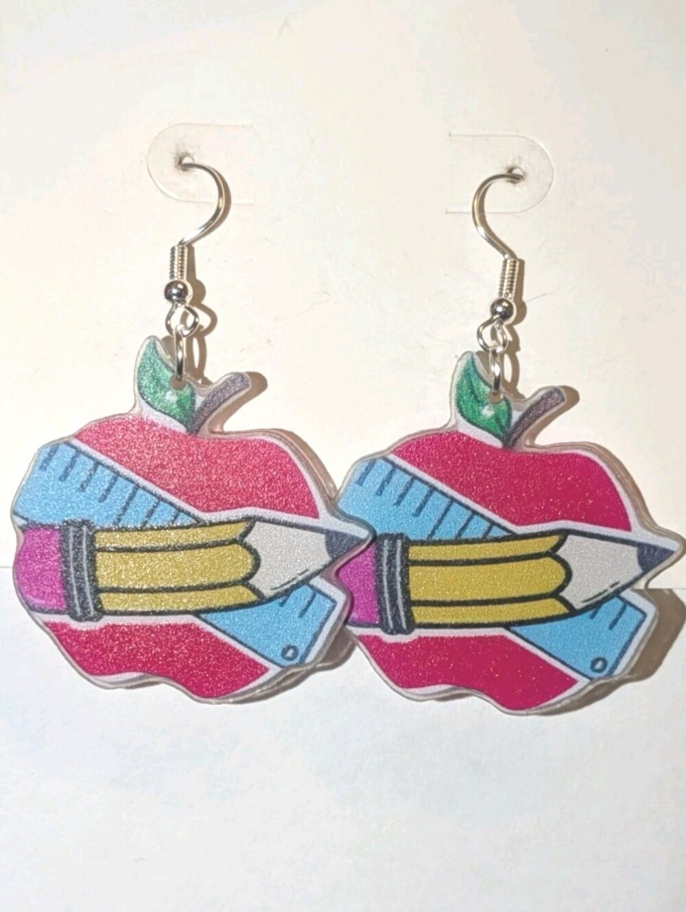 Hand Crafted Women/Kids Red Apple & Pencil Dangle Earrings - Picture 7 of 7